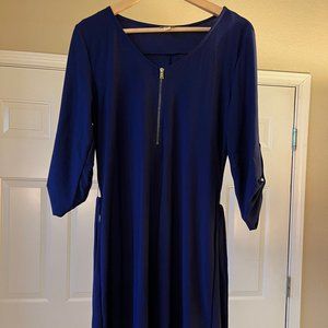 Navy shirt dress, belted, with cuffed sleeves